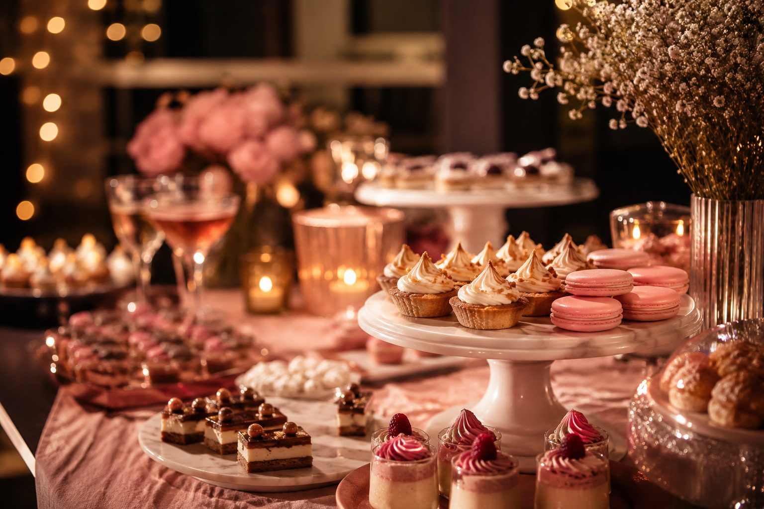 Mesa de fiesta privada con macarons, tartaletas, vasitos y velas